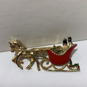 VTG Horse Drawn Sleigh Enamel Gold Tone Christmas Brooch C Clasp Red Green Black